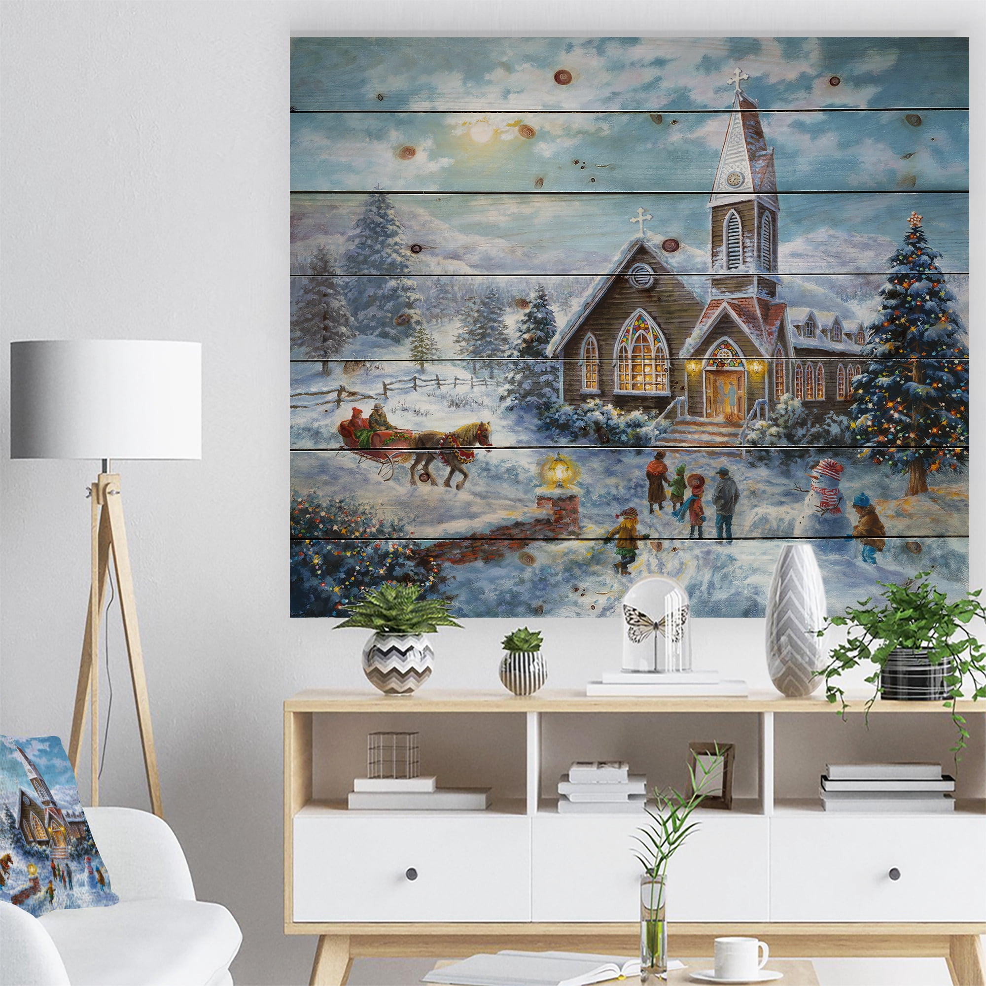Designart 'Christmas worship, Parents Pray, Children Play' Print on Natural Pine Wood