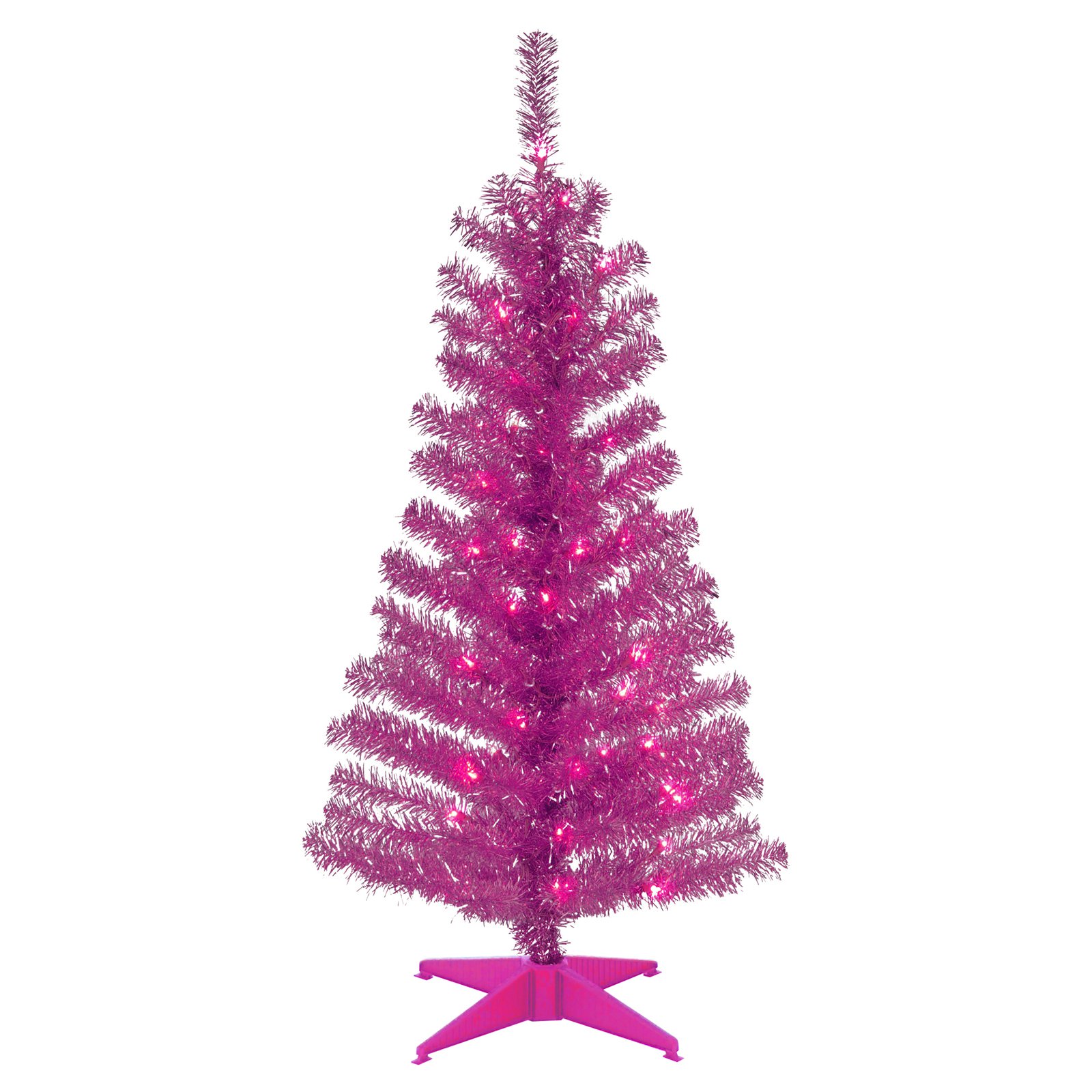 National Tree 4' Pink Tinsel Tree with Plastic Stand and 70 Clear Lights