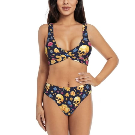 Zeuib Skull gold flower High Waisted Tummy Control Bikini Set - Knot Front Push Up Top & Cheeky Thong Bottom  Two-Piece Swimsuit for Women-Large