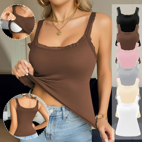 Lcziwo Women's Built in Bra Lace Camisole Scoop Neck Solid Ribbed Summer Breathable Undershirt Tank Top Brown,L