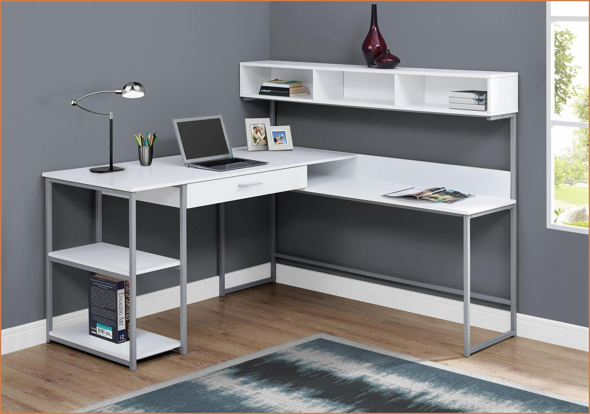 Desks | Modern 59” L-Shaped Corner Home Office Desk with Storage | White Laminate & Grey Metal | White | MDF