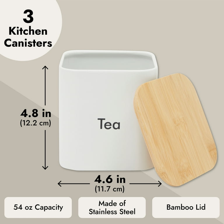 Coffee Tea Sugar Container Set - White Stainless Steel Kitchen Canister Set  with Bamboo Lids (3 Pieces, 48 oz)
