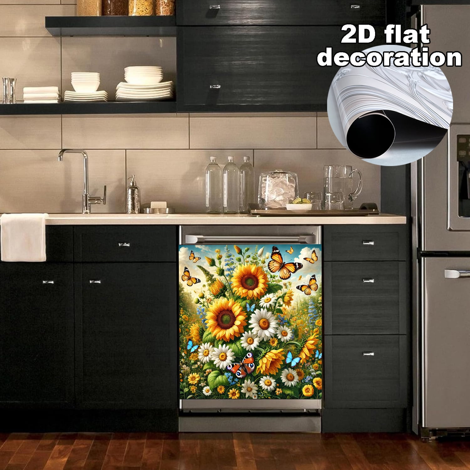 1Pc Dishwasher Magnet Cover, Sunflowers and Butterflies Magnet Sticker Fridge Panel Decal for Home Kitchen Decor, 23x26 in