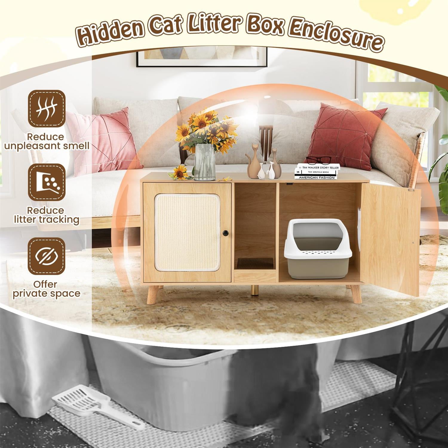 Pefilos 43" Cat Litter Box Enclosure, Double Rooms & 2 Sisal Mats, Rubber Wood Legs, Natural (Brown)