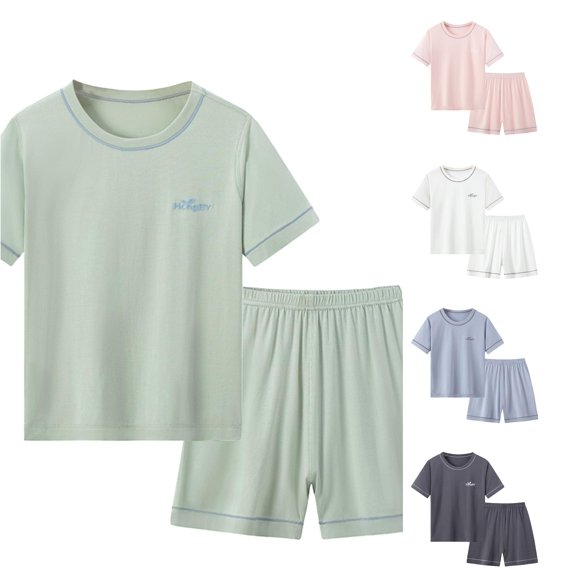WAYUTE Girls Pajamas Kids 2 Piece Soft Short Sleeve Quick Drying Crew Neck T Shirt Top and Shorts Solid Color Loose Home Outfit Sleepwear Casual Indoor,Light Green,Size 8 Y-9 Y