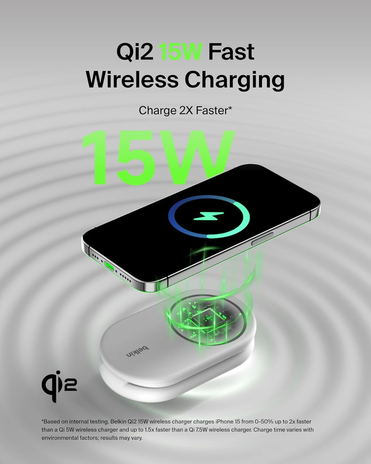 Belkin MagSafe-Compatible iPhone Charger, 2-in-1 Magnetic Foldable Charger 15W - Qi2-Certified Wireless Charger for Apple iPhone 16, iPhone 15 w/Non-Slip Base, PSU Included - White