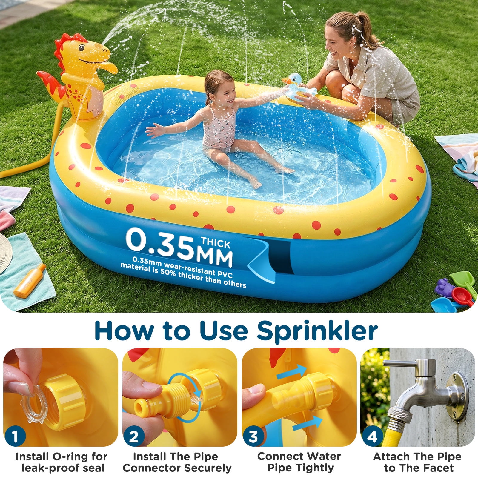Livhil Kiddie Pools, Swimming Pool for Kids, 67'' x41'' x32'' Dinosaur Inflatable Pool with Sprinkler for Outdoor Law Summer Water Play