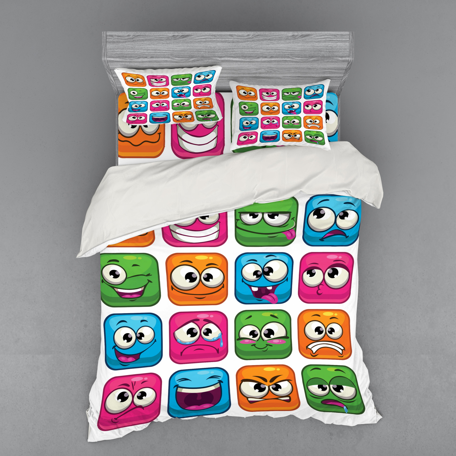 Funny Duvet Cover Set, Digital Square Cartoon Style Children Smiling Face Expression Monster