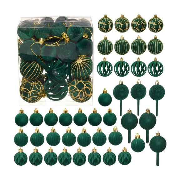 Flocked Ornaments for Christmas Tree Decorations - 42pcs Green Velvet Ball Ornament for Xmas Holiday Decor - Plastic Shatterproof Christmas Ornaments Bulk