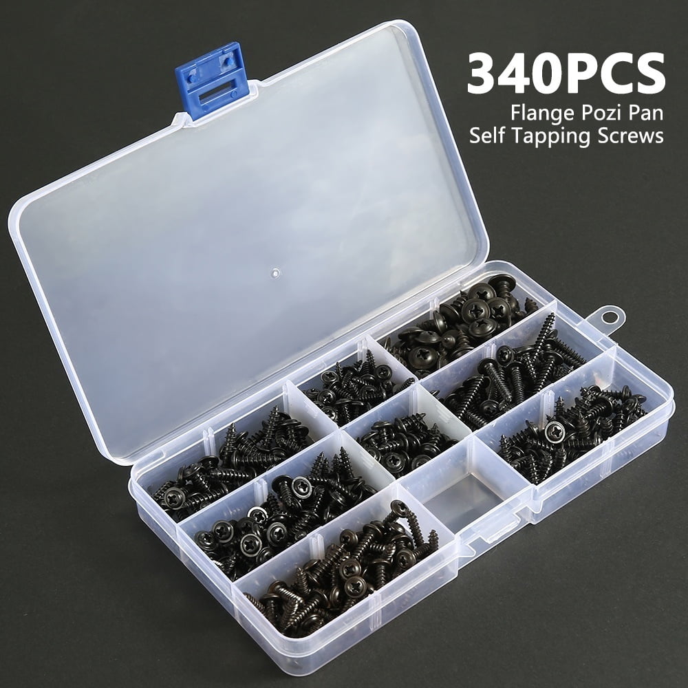 340Pcs Flange Self Tapping Screws, Bolt Cross Head Black Assorted Set