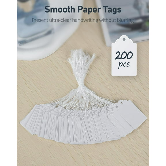 Papapt 200 Pcs Price Tags 1.8 Inch Writable Price Labels White Price Display Tags for Pricing Clothing Jewelry Gifts Blank Hang Tags Merchandise White Marking Tags with Strings, 1.8" x 1.05" #J02