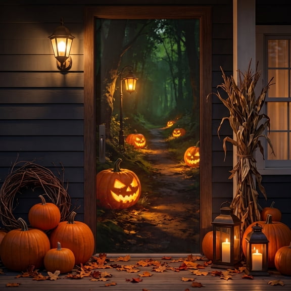 Halloween Door Cover Decorations,35X71" Spooky Pumpkins Door Curtain,Vintage Halloween Windows Wall Theme Party Decorations Photography Backdrop Props