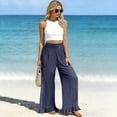 thumbnail image 5 of Satingcolo Women Linen Pants Summer Ruffle Wide Leg Palazzo Pant Smocked Waist Travel Lounge Trousers Beach Vacation Outfits Navy L, 5 of 8