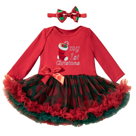 Otqutp New Born Baby Girl Christmas Outfit My First Christmas Dress Girls Long Sleeve Bowknot Tulle Tutu Skirt Santa Clothes