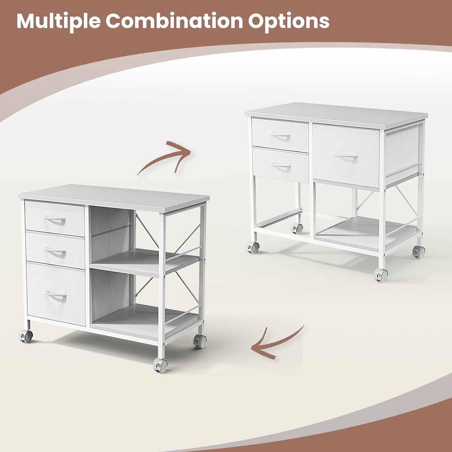3-Tier Mobile File Cabinet, Rolling Printer Stand with Storage and Back Support Bar, 3 Drawer Lateral File Cabinet Holds 110lbs, for Home Office in Rustic White