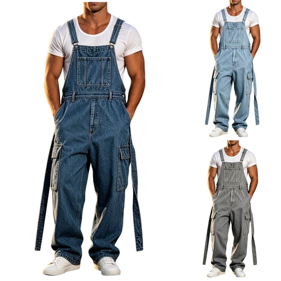 Mifsaly Denim Overalls for Men Adjustable Straps Cargo Jumpsuits with Multi Pockets Summer Casual Relaxed Fit Classic Workwear Blue,L