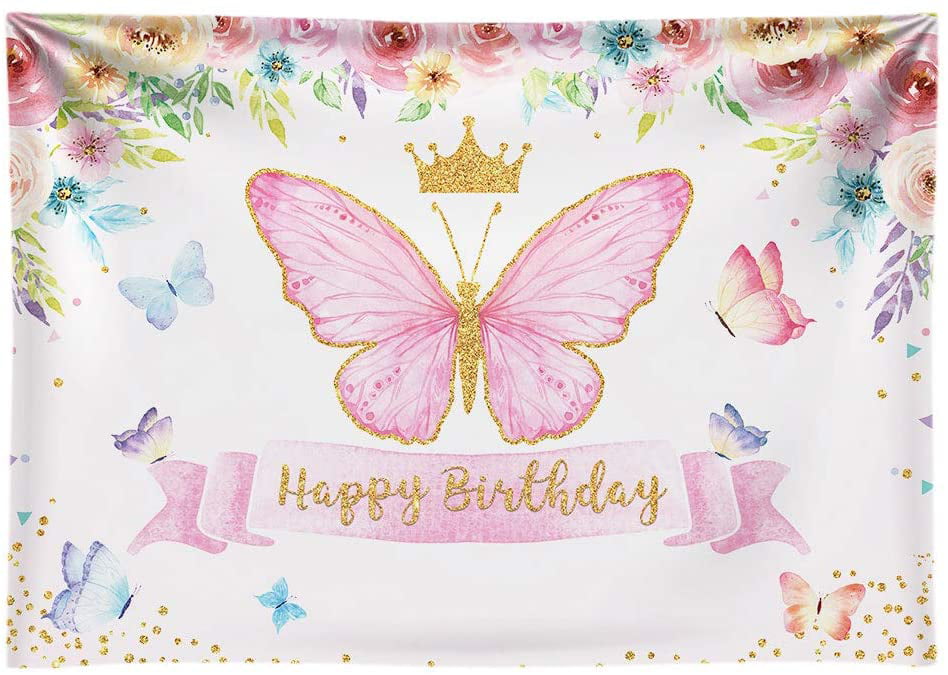 Butterfly Party Backdrop Princess Happy Birthday Baby Photo Background Banner 