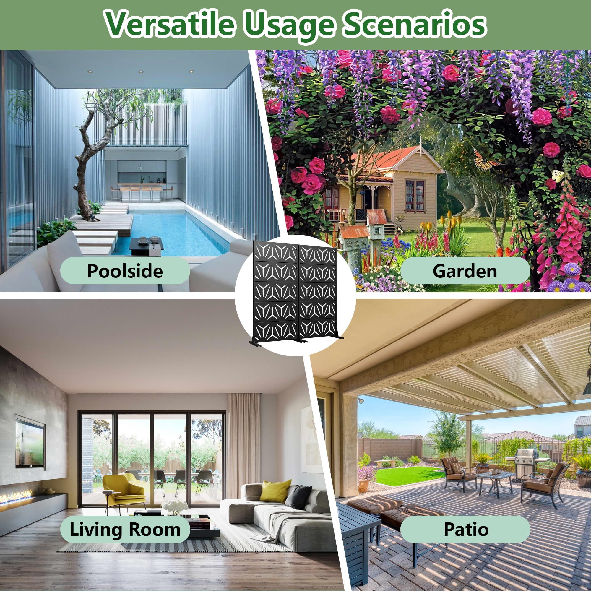 MAYEERTY 2-Piece Outdoor Metal Privacy Screen 5ft Black, 5-Panel Geometric Y-Pattern Decorative Screen for Patio