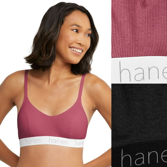 Hanes® Originals Ultimate® 2-Pack Stretch Cotton Triangle Bralette DHO101 Color: Purple Bloom Black Size: LARGE