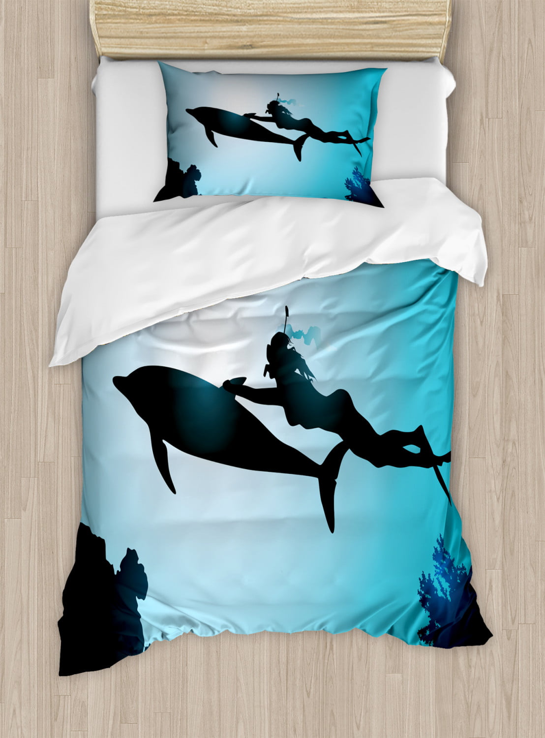 Dolphin Rose Bedding Set Girls Adult Full Fish Cartoon Dolphin Comforter Cover for Boys Girls Flower Fish Beauty Duvet Cover Breathable Bedspread Cover Room Decor Bedclothes 3pcs Bedding Set