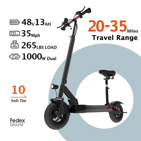 SMATEIGHT Foldable Adults Electric Scooter 48V 1200W E-scooter with Seat 35MPH & 10Miles 10 Street Tires Dual Disc Brake Full Suspension