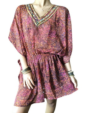 Mogul Women Short Kaftan Dress, Soft Chiffon Floral Printed Sheer Beach Caftan, Beaded Neck Summer Beach Kaftan S/M/L