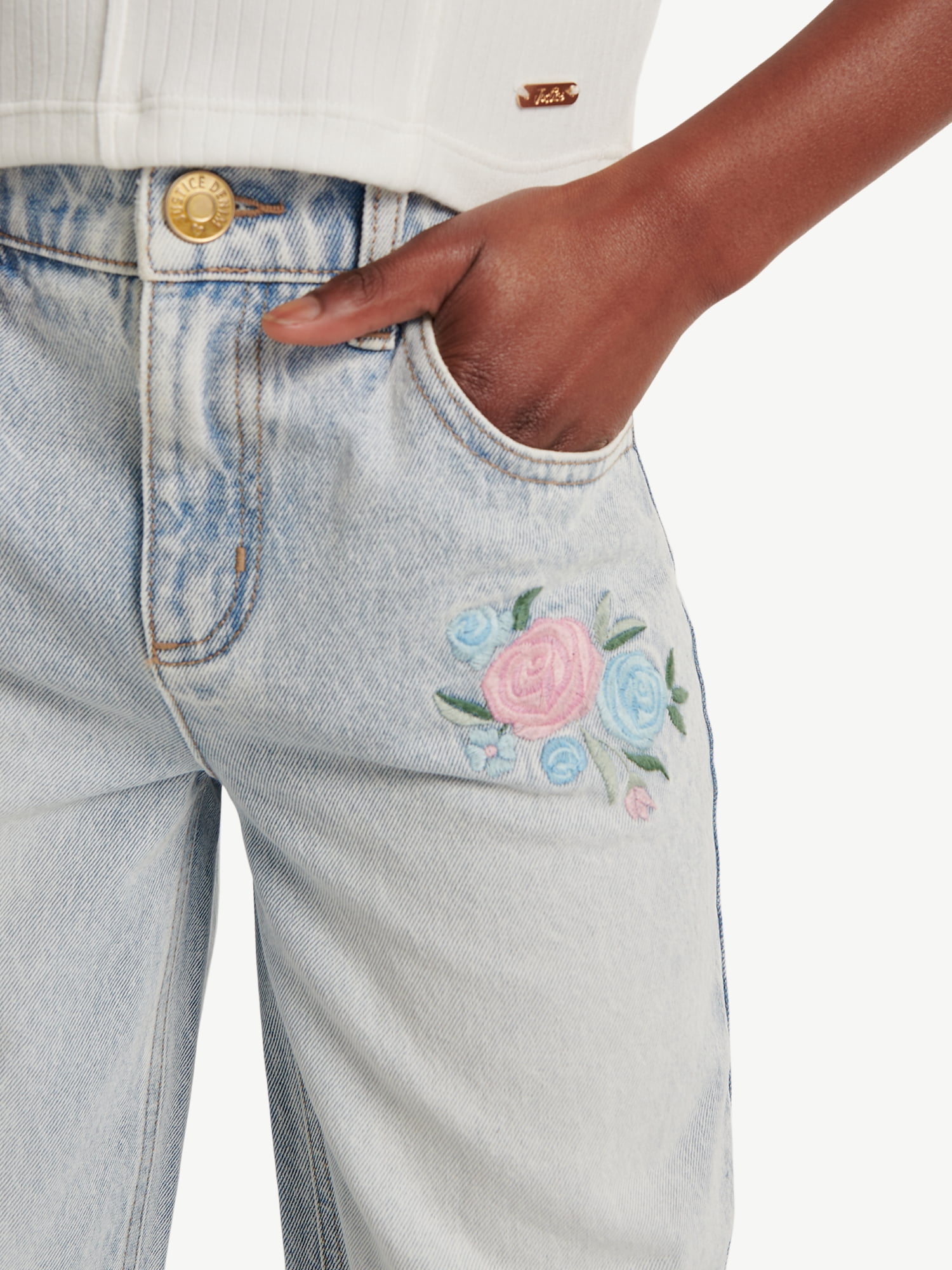 Justice Girls Wide Leg with Embroidery Jeans, Sizes 6-18, Slim & Plus