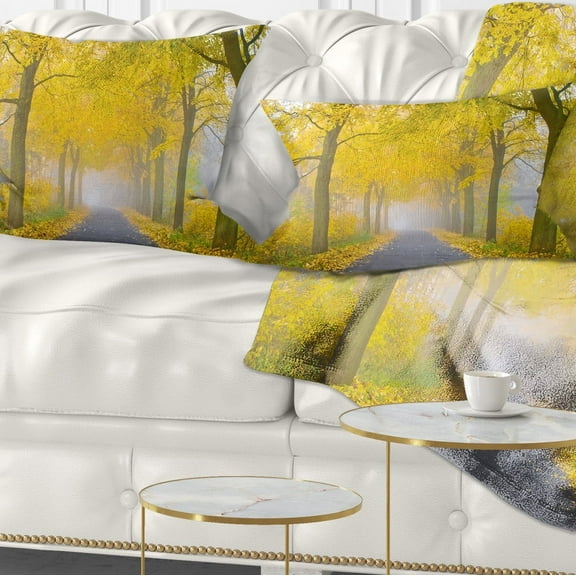 Designart Misty Road in Yellow Autumn Forest - Landscape Photography Throw Pillow - 12x20