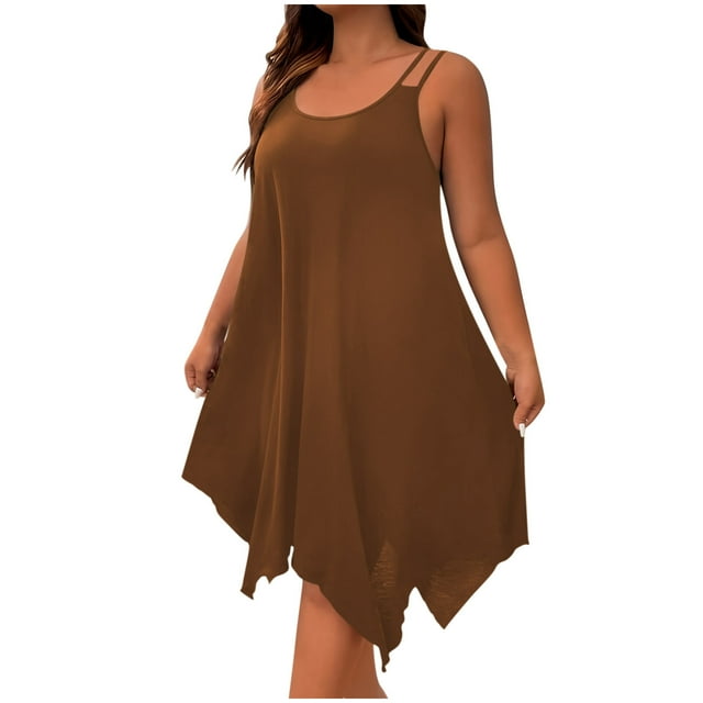 hotojiny Robes Grande Taille pour Femmes Rondes Décontractées Ourlet Mouchoir Sans Manches Tunique Fluide Hauts d'Été Col Rond Débardeurs de Plage