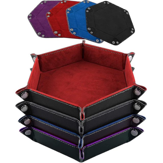 4 Pieces Dice Tray Set Foldable Dice Trays Hexagon Dice Rolling Tray PU Leather Dice Holder for Dice Games Like RPG, DND, and Other Table Games (Red