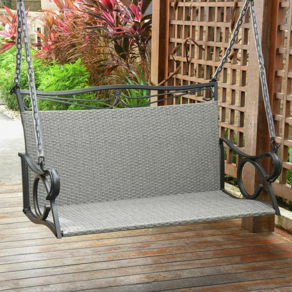 International Caravan Valencia Resin Wicker/ Steel Hanging Loveseat Swing, Grey