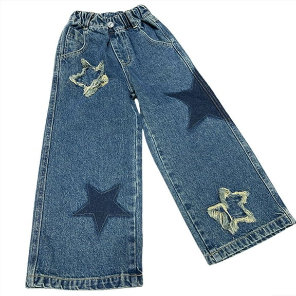 Zhuashum Girl Pants 5-6 Years Floral Graphic Jeans Distressed Elastic Waist Baggy Denim Wide Leg Pants Trousers Adorable Girl Clothes Dark Blue