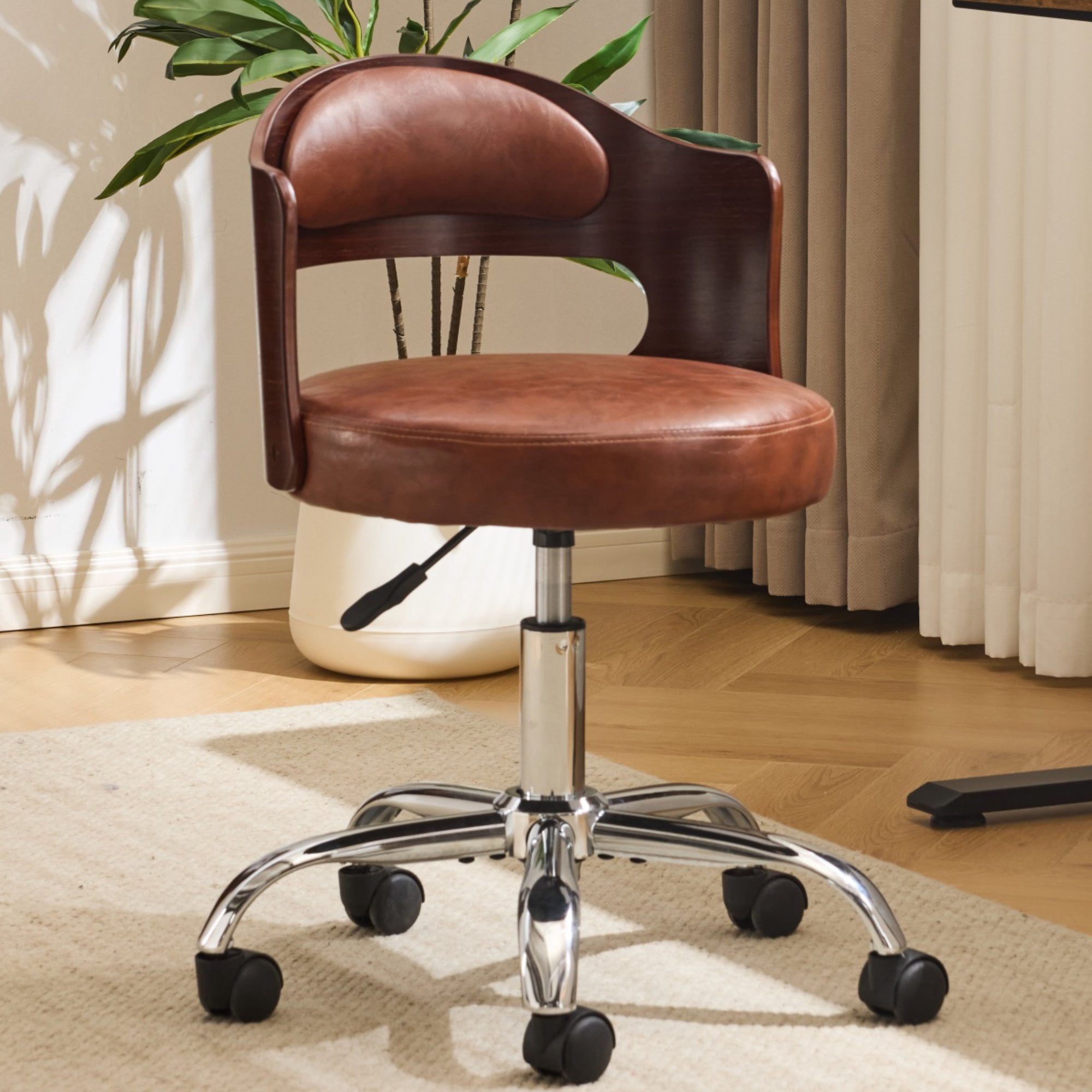 Zimtown Faux Leather Home Office Desk Chair, Swivel Rolling Computer Chair, Adjustable Vanity Chair Modern Task Chair for Adults, Brown