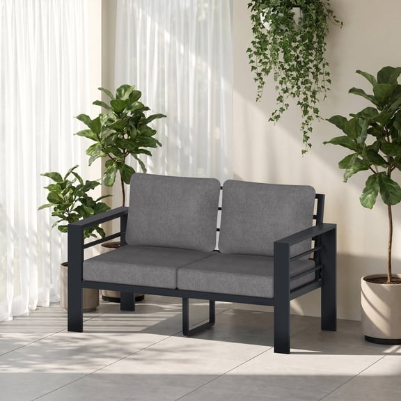61.42'' Wide Aluminum Outdoor Patio Loveseat with Cushions, Modern All-Weather 2-Person Sofa for Garden ( Dark Gray Cushion)