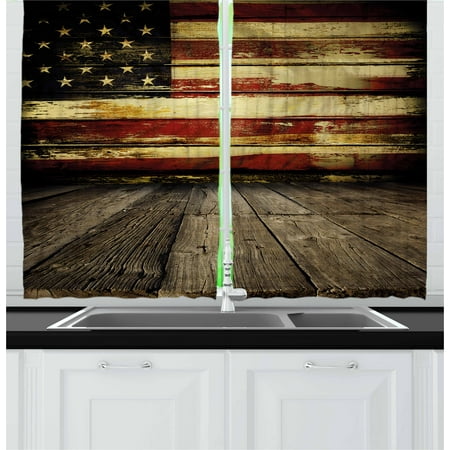 Cream Brown Curtains United States Curtains 2 Panels Set, Vintage American Flag on Wooden Planks Wall Background Grunge Print, Window Drapes for Living Room Bedroom, 55W X 39L Inches, Umber Cream Red Blue, by Ambesonne ()