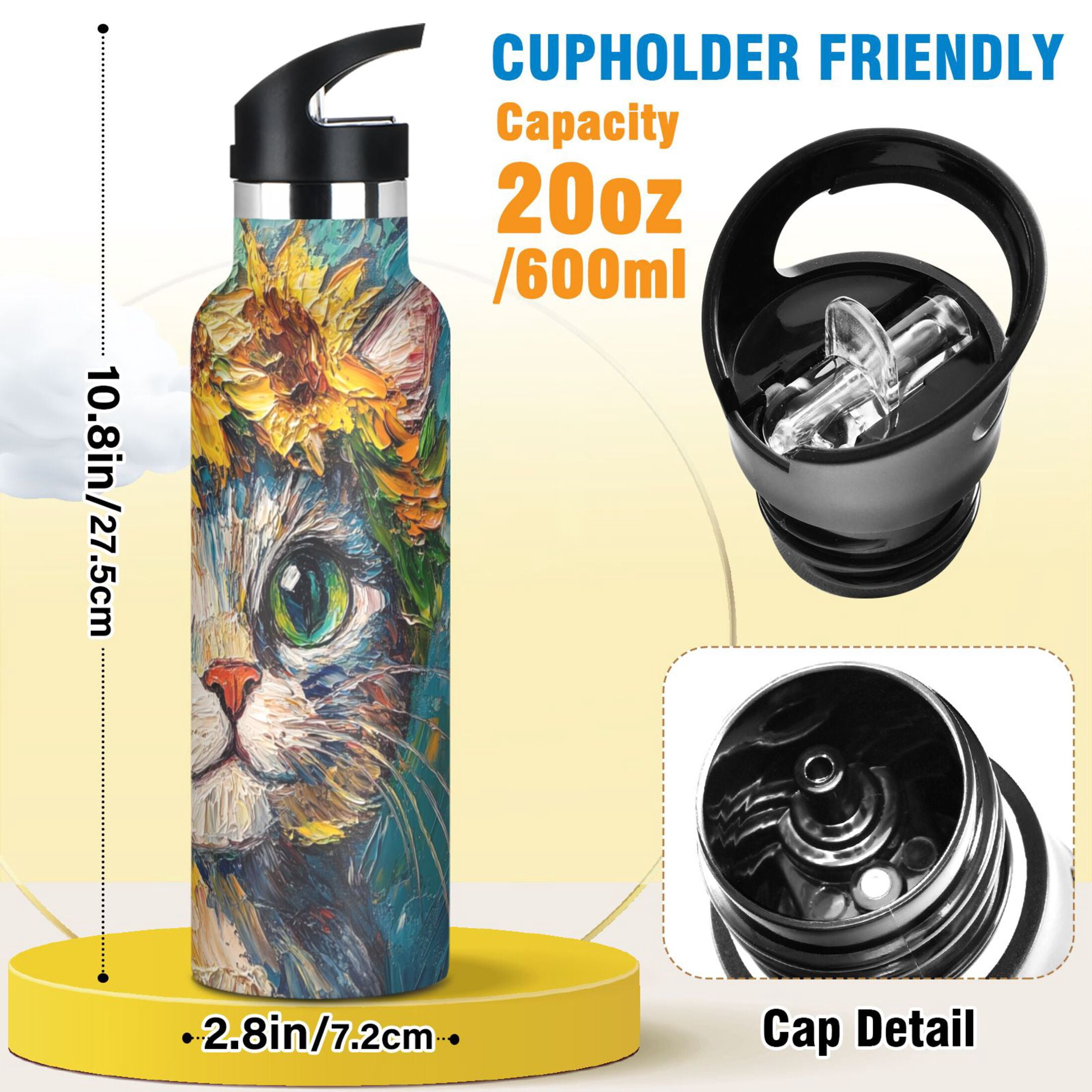 600ML Stainless Steel Insulated Cup Sports Water Bottle Portable Thermos Cup Water Glasses Insulated Tumblers Convenient and Durable Cute Sunflower Cat