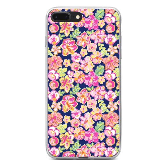 DistinctInk Clear Shockproof Hybrid Case for iPhone 7 PLUS / 8 PLUS (5.5" Screen) - TPU Bumper, Acrylic Back, Tempered Glass Screen Protector - Preppy Pattern - Pink Green Navy Flowers Floral