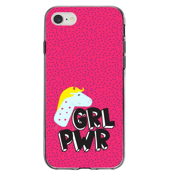DistinctInk Clear Shockproof Hybrid Case for iPhone 7 8 SE (2020 Model) 4.7" Screen TPU Bumper Acrylic Back Tempered Glass Screen Protector - Girl Power - GRL PWR - Unicorn Pink Background
