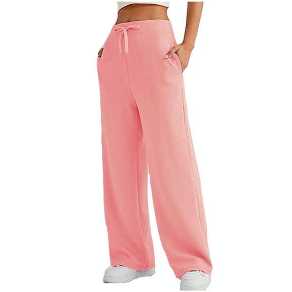 JMKQLZ Women's Casual Trousers Solid Color Drawstring Wide Leg Pants Waist Long Pants With Pocket, Pink, Size: L