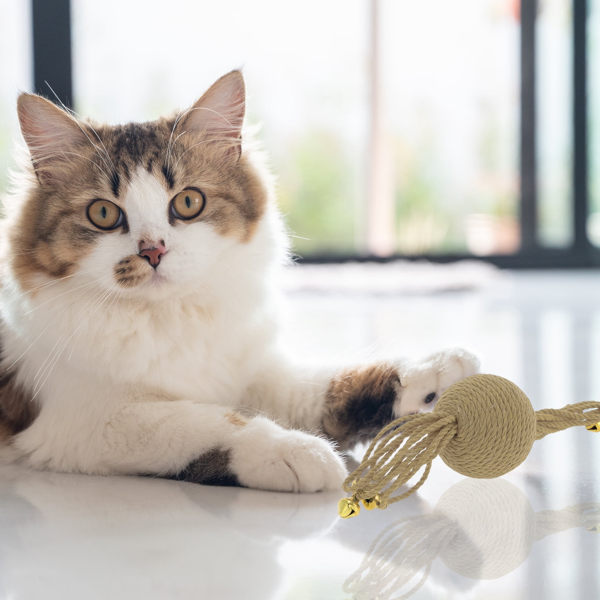 Unique Bargains Cat Playing Ball with Bell for Indoor Khaki