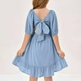 thumbnail image 4 of Meichang Girls Summer Dress Kids Square Neck Puff Sleeve A-Line Smocked Mini Dresses Flowy Swing Pleated Ruffle Hem Short Dress Kids Girls Party Dresses, 4 of 7