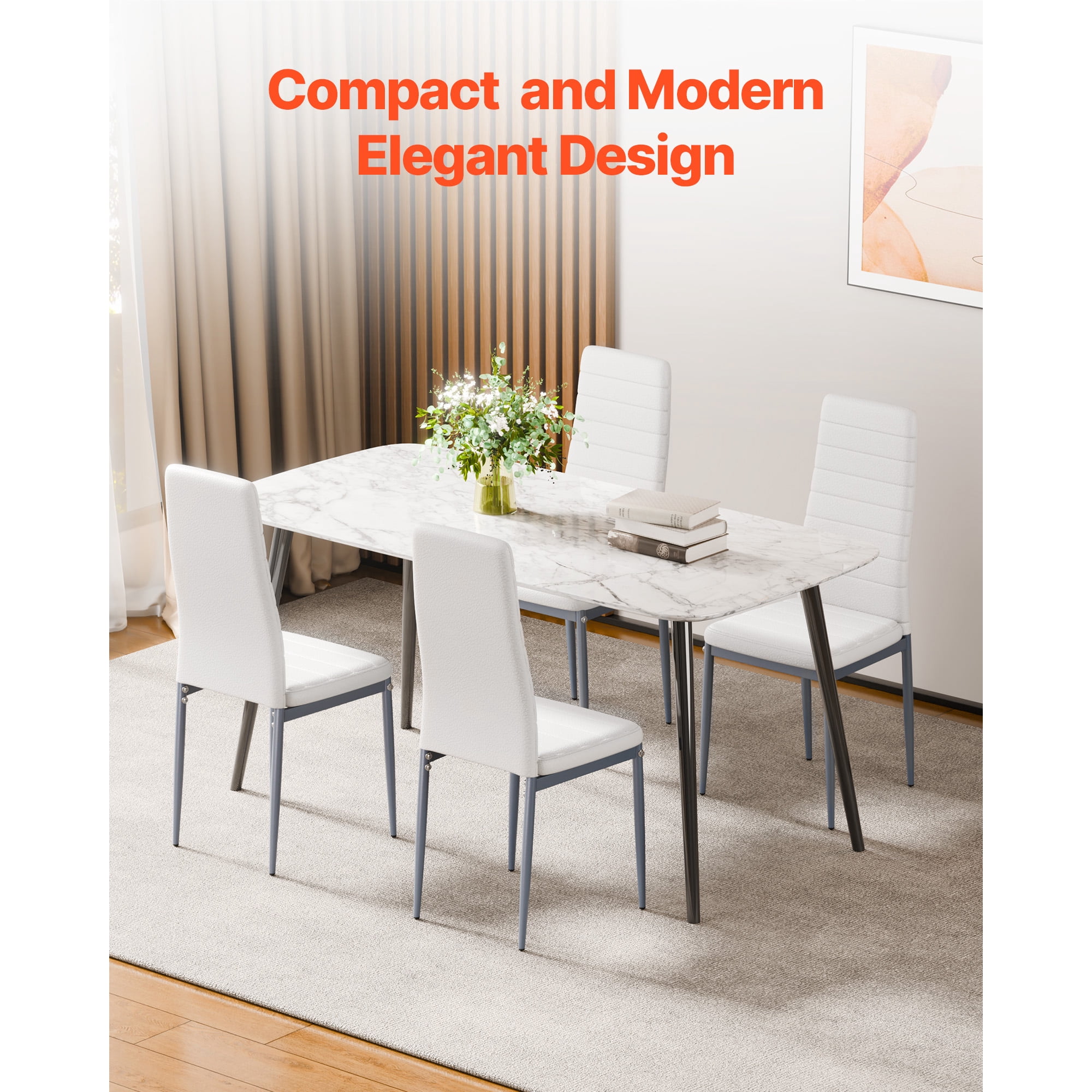 KFFKFF Set of 6 Modern Dining Chairs with Upholstered Leather, Comfortable Cushions, and Sturdy Metal Legs, Space-Saving Design for Kitchen or Dining Room, White