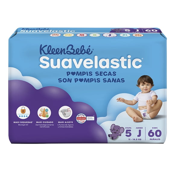 Pañales para bebe Kleenbebé Suavelastic Etapa 5 Jumbo Unisex 60 Piezas