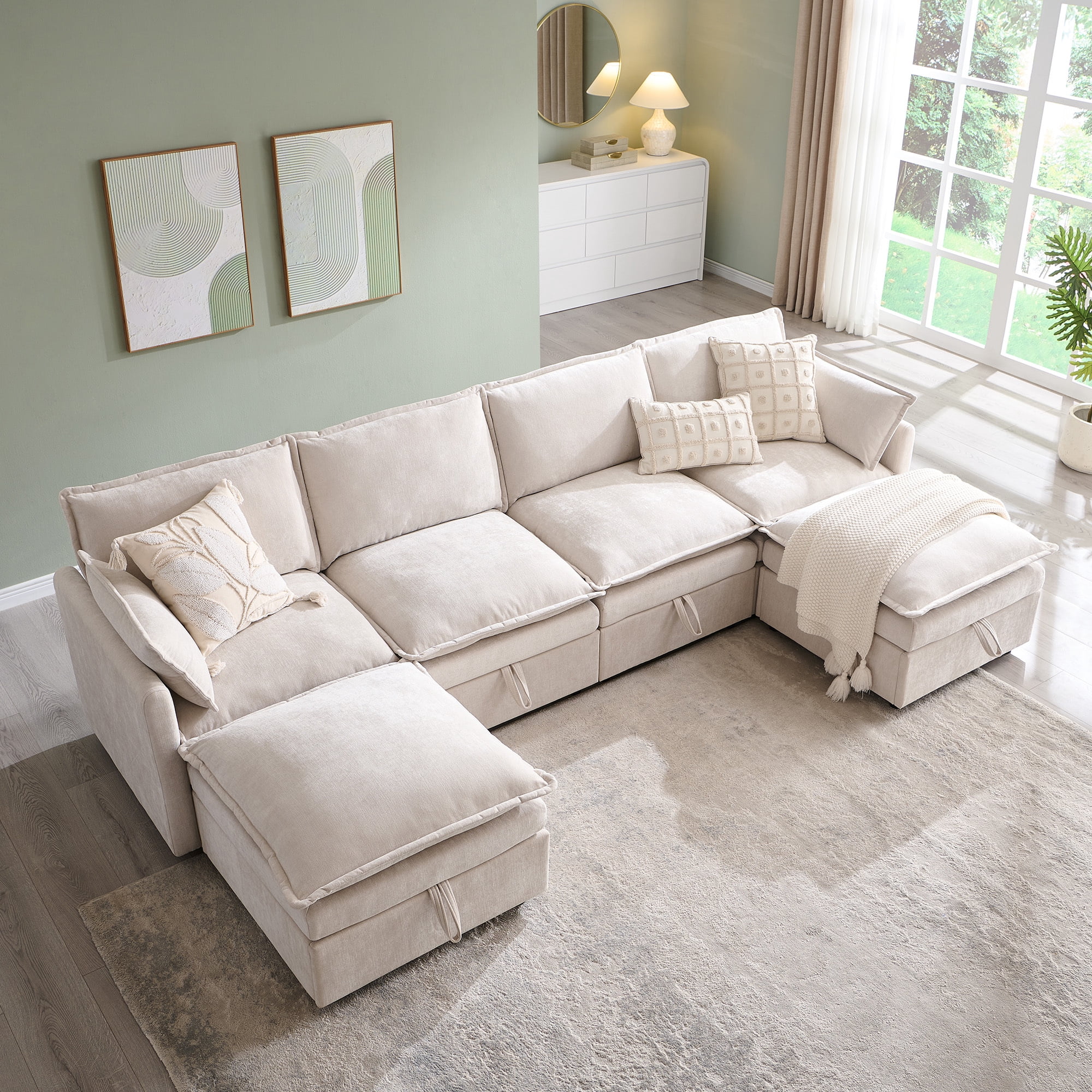 wow97e Modern Sectional Couch Set for Living Room, U-Shaped Cloud Sofa Couch with Large Storage, Chenille Fabric, 4 Seat Couch with 2 Movable Ottomans