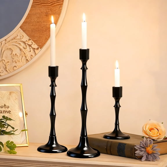 Set of 3 Black Metal Taper Candle Holders, Stylish Table Centerpieces, Wedding Dining Home Decor