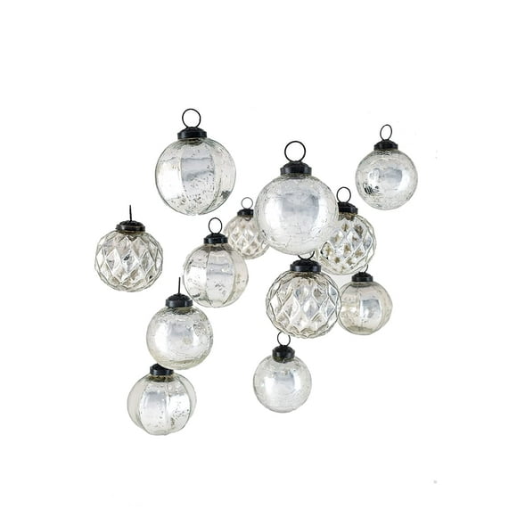 Serene Spaces Living Set of 12 Crackle Glazed, Scalloped & Diamond Silver Mercury Glass-Finish Ornaments, Vintage Glass Balls for Christmas, Thanksgiving, Mantel Decorations, 2.5" Dia & 2.5" Tall