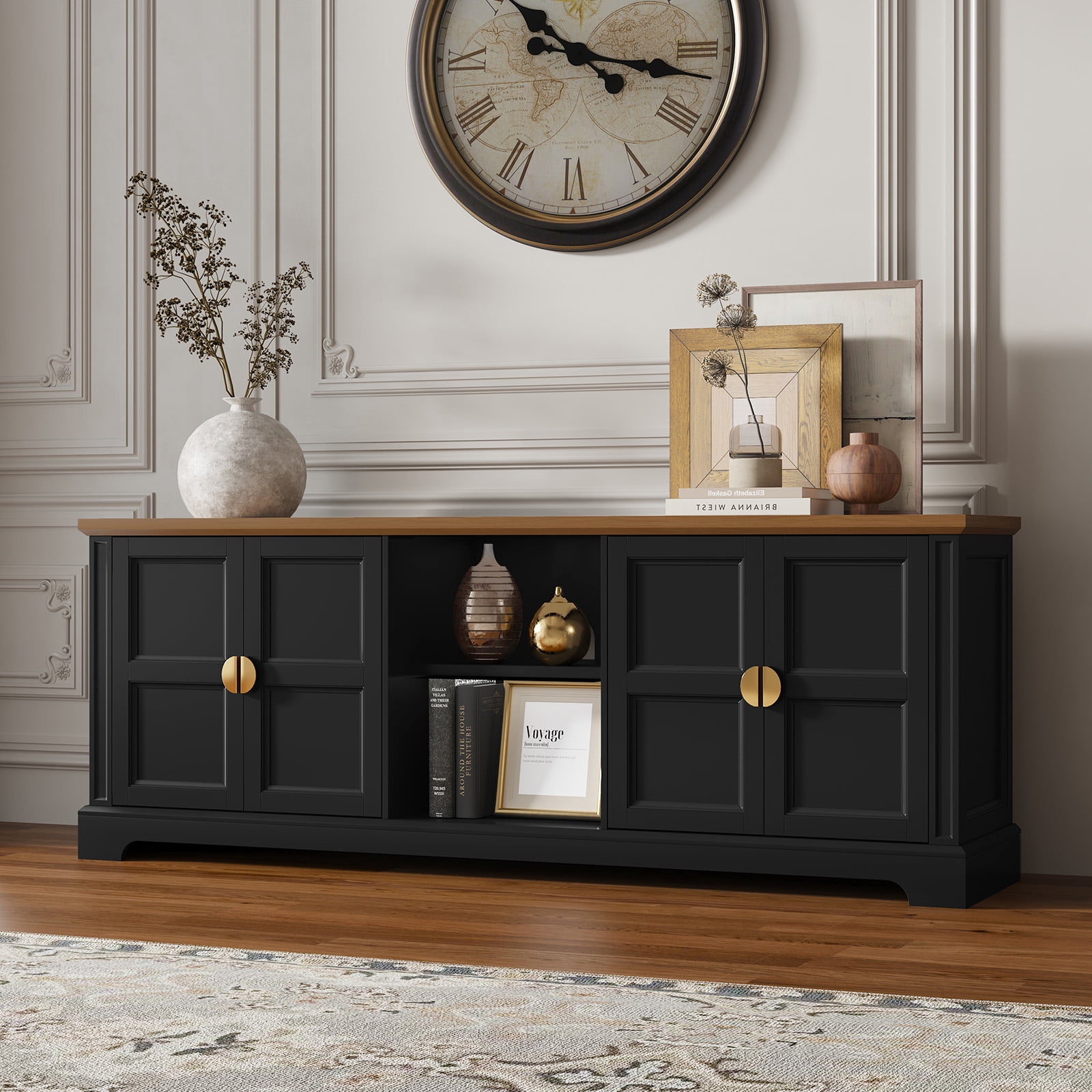 HLR Black 67" Modern Farmhouse TV Stand, Wood Entertainment Center for 75 In TV for Living Room