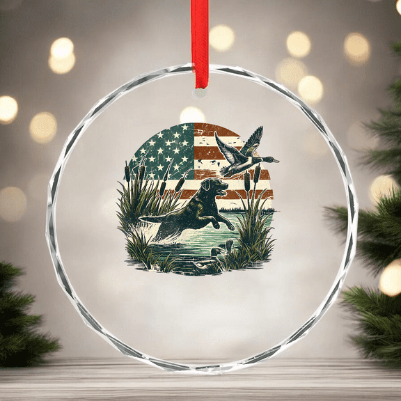 Black Labrador Usa Flag Lab Owner Duck Hunter Glass CIRCLE GLASS ORNAMENT Home Decor