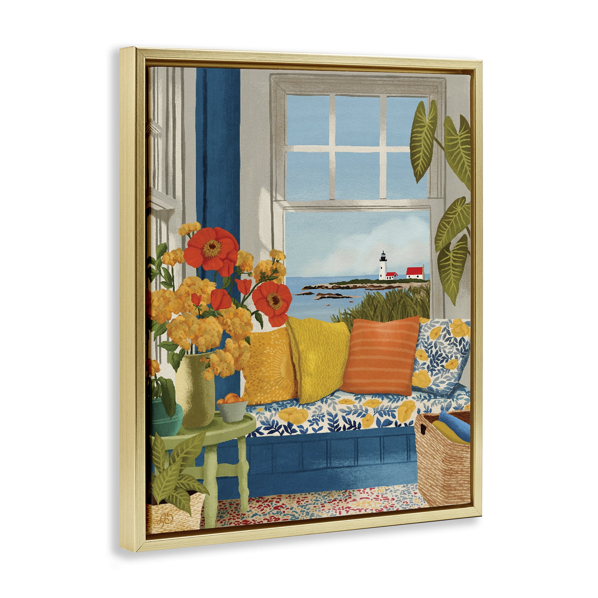 Stupell Industries Distant Lighthouse Window View Gold Framed Floater Canvas Wall Art, design by Lisa R Dumm