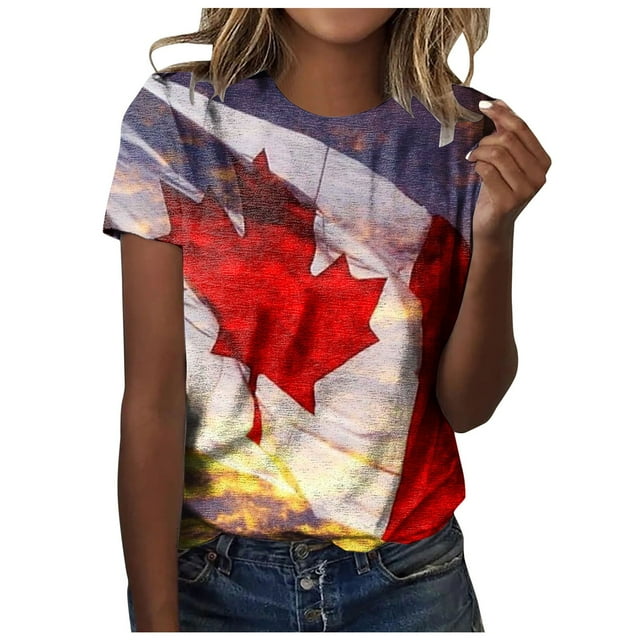 WEIYLL T-Shirts pour Femmes Fête du Canada Rétro Été Vacances Imprimé Feuille d'Érable Grande Taille T-Shirt Violet Tailles m